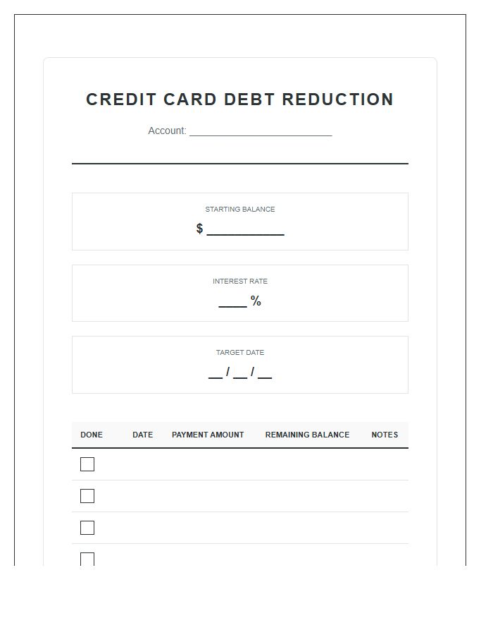 Credit Card Debt Reduction Printable Chart