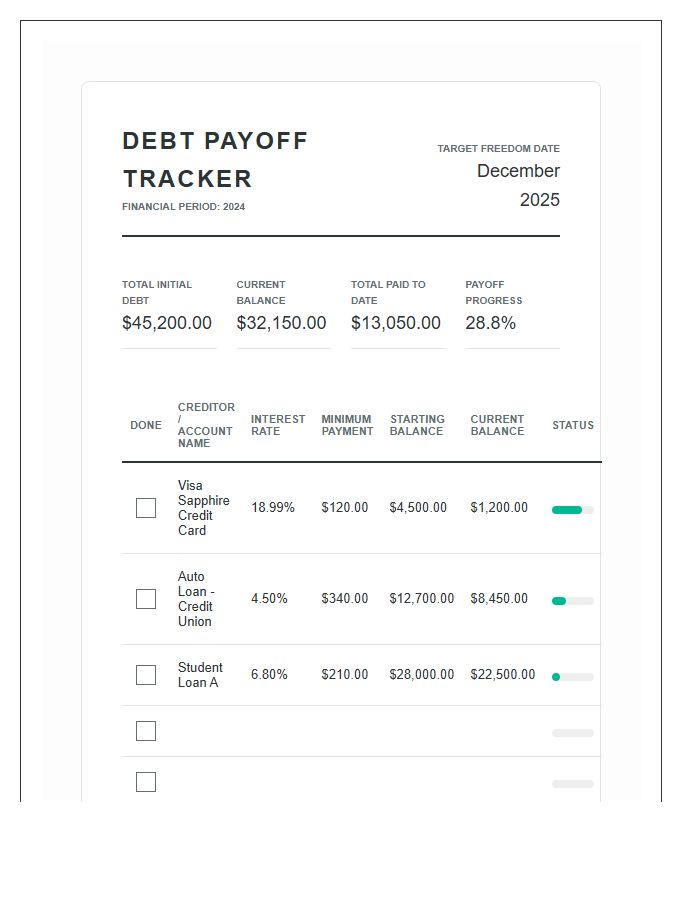 Detailed Debt Payoff Printable Chart