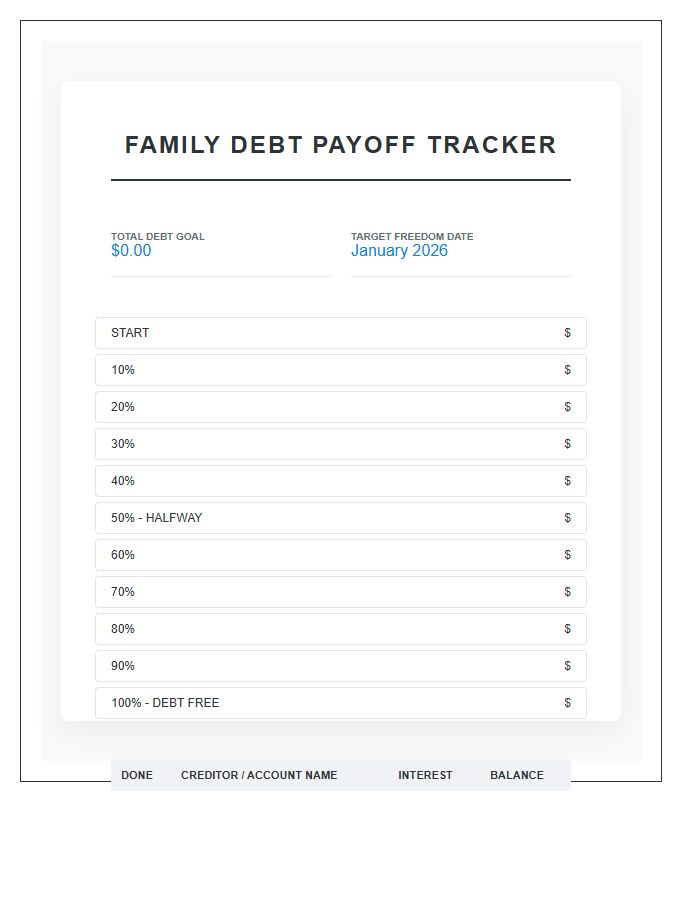 Family Debt Payoff Goal Printable Chart