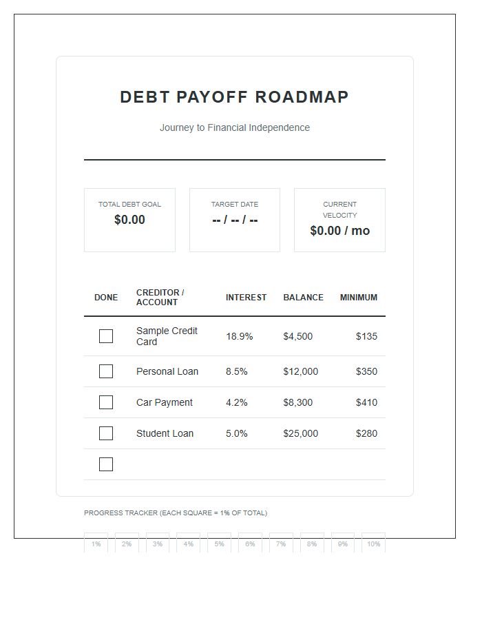 Financial Independence Debt Payoff Printable Chart