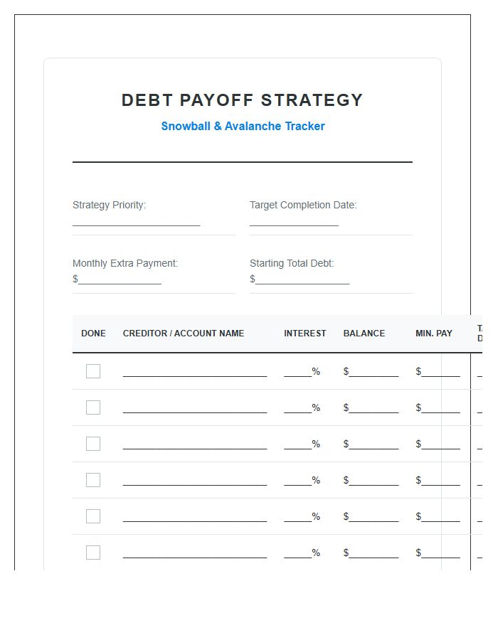Household Debt Payoff Strategy Printable Chart