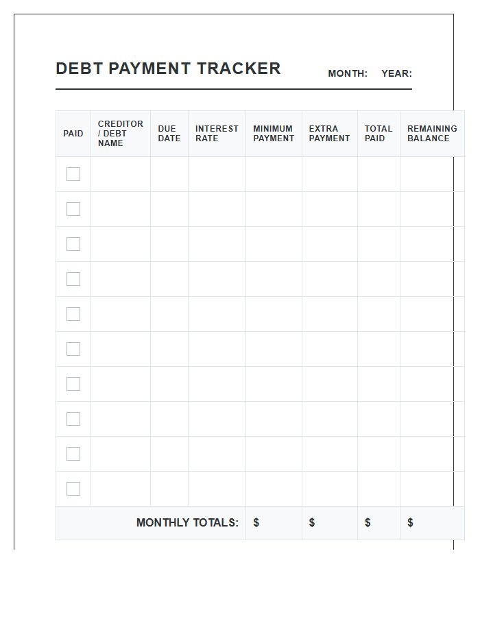Monthly Debt Payment Tracking Printable Chart