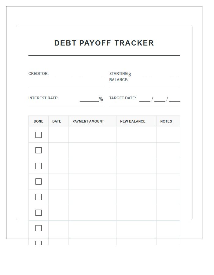Simple Debt Payoff Tracker Printable Chart