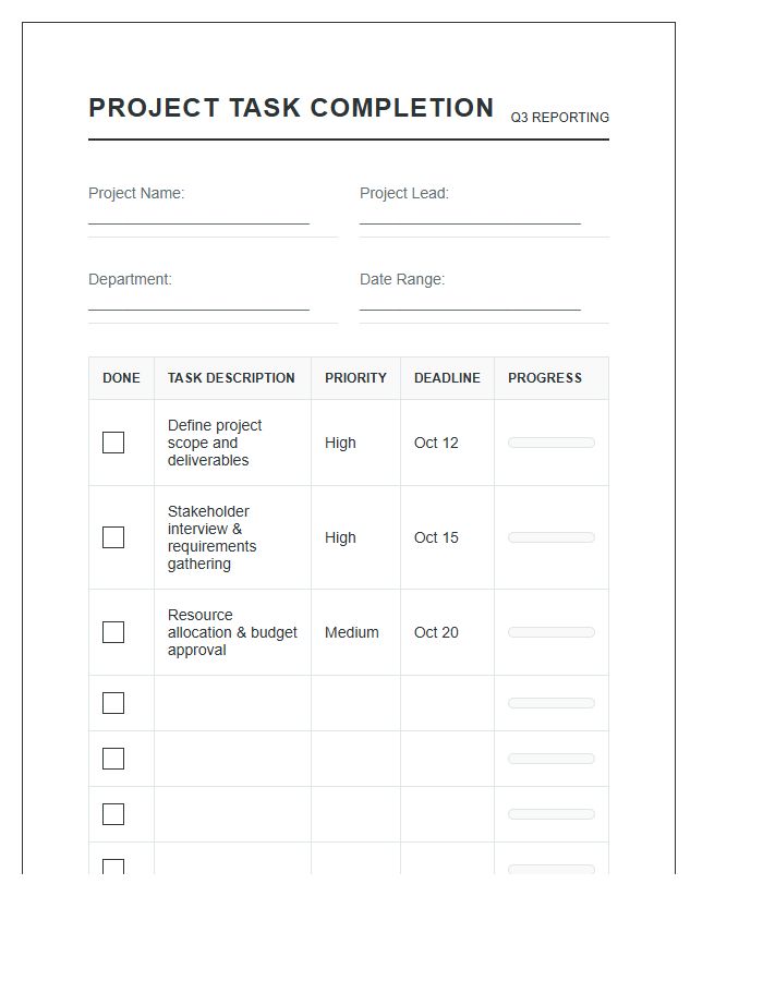 Business Project Task Completion Printable Chart