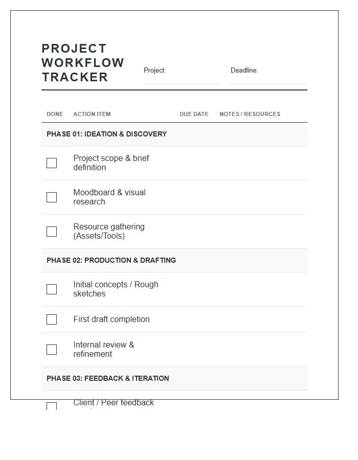 Creative Project Workflow Tracker Printable Chart