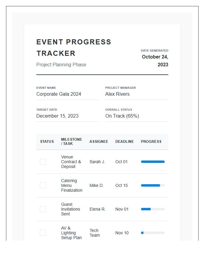 Event Planning Project Progress Printable Chart