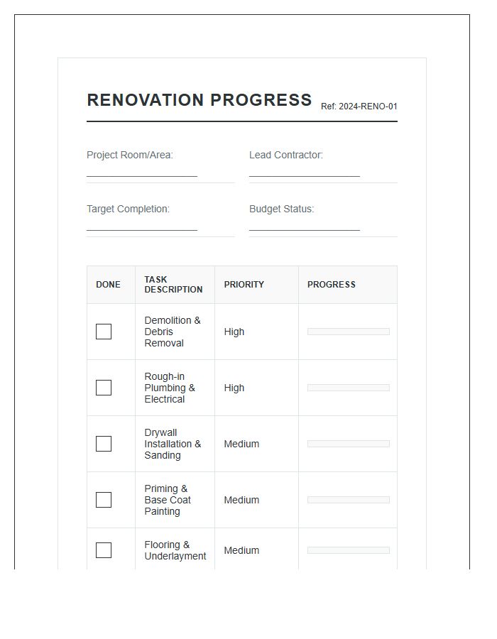 Home Renovation Project Progress Printable Chart
