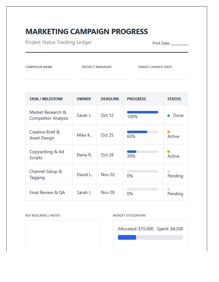 Marketing Campaign Project Progress Printable Chart