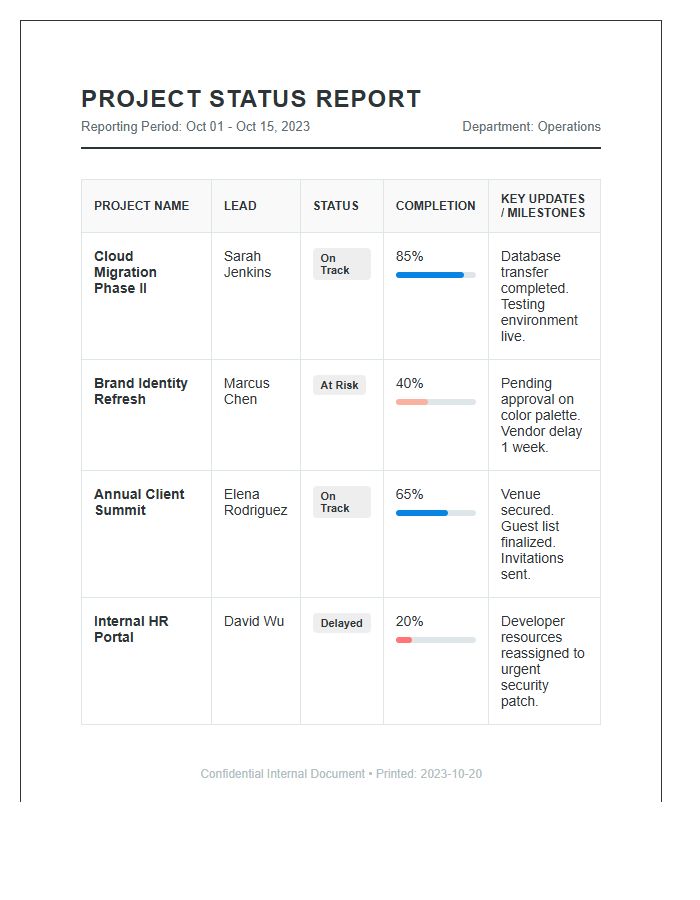 Office Project Status Reporting Printable Chart