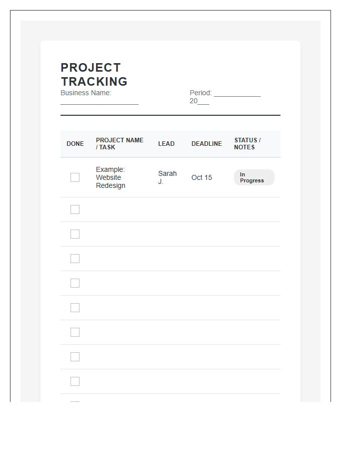 Small Business Project Tracking Printable Chart