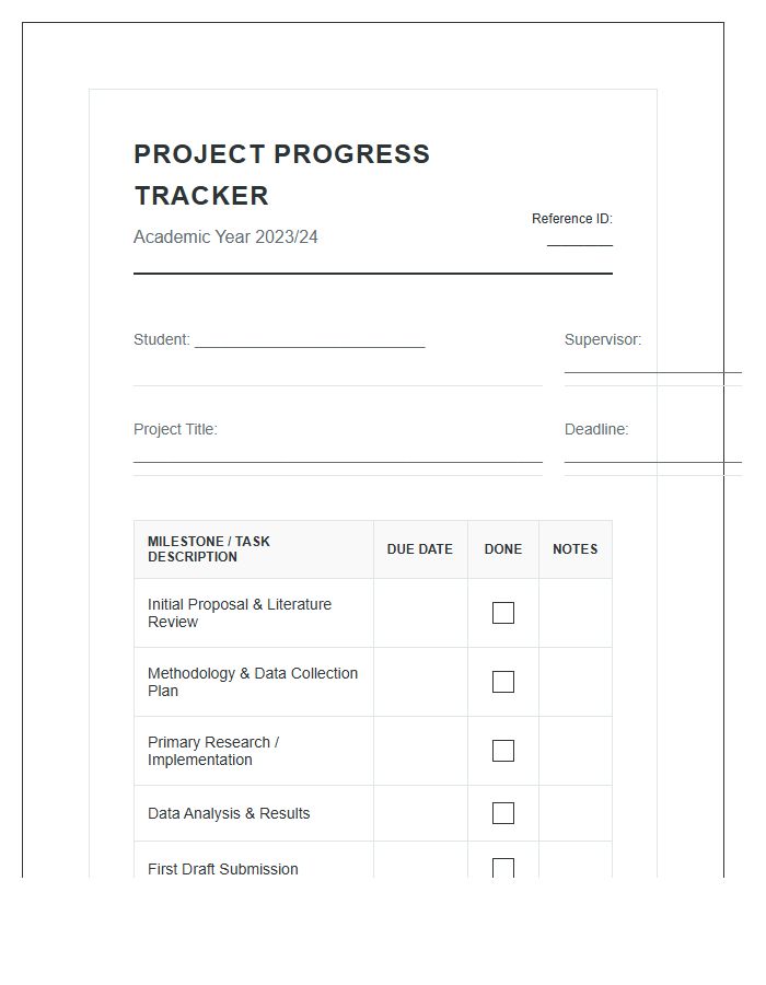 Student Academic Project Progress Printable Chart