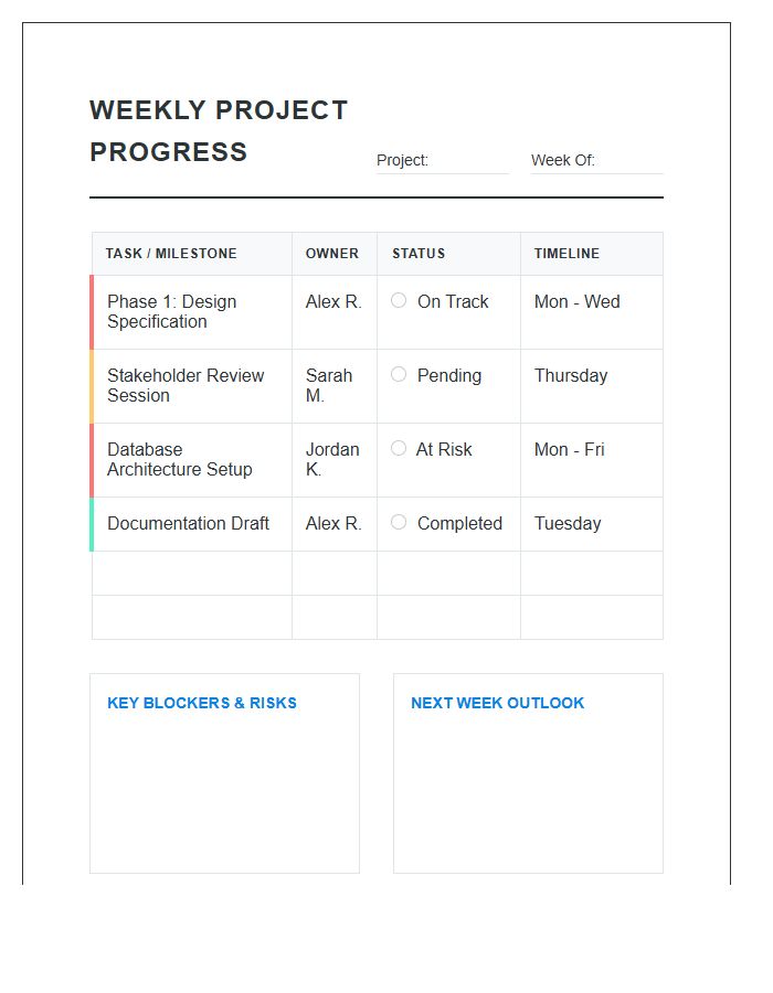 Weekly Project Management Progress Printable Chart