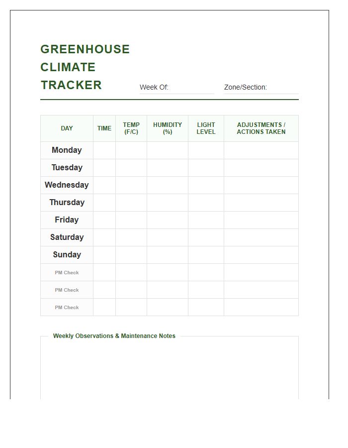 Greenhouse Climate Monitoring Tracker Printable Chart