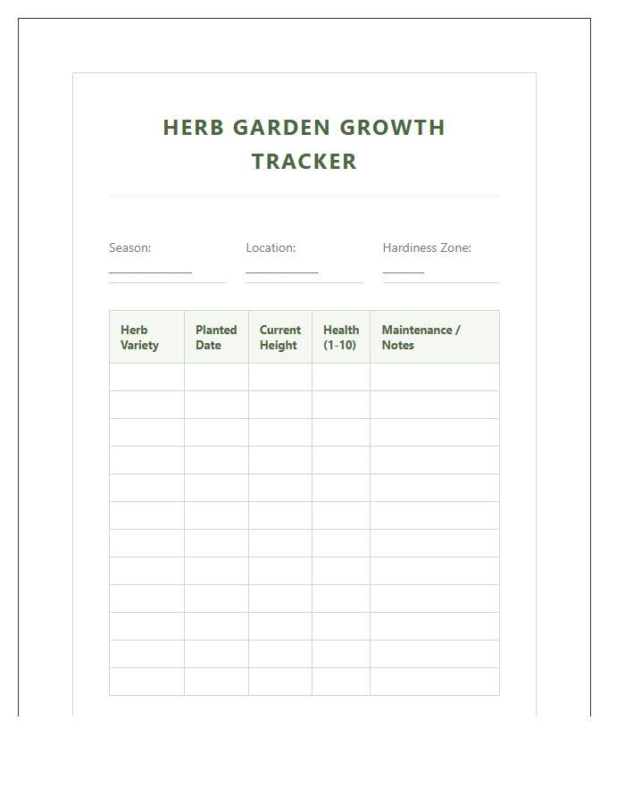 Herb Garden Growth Tracker Printable Chart