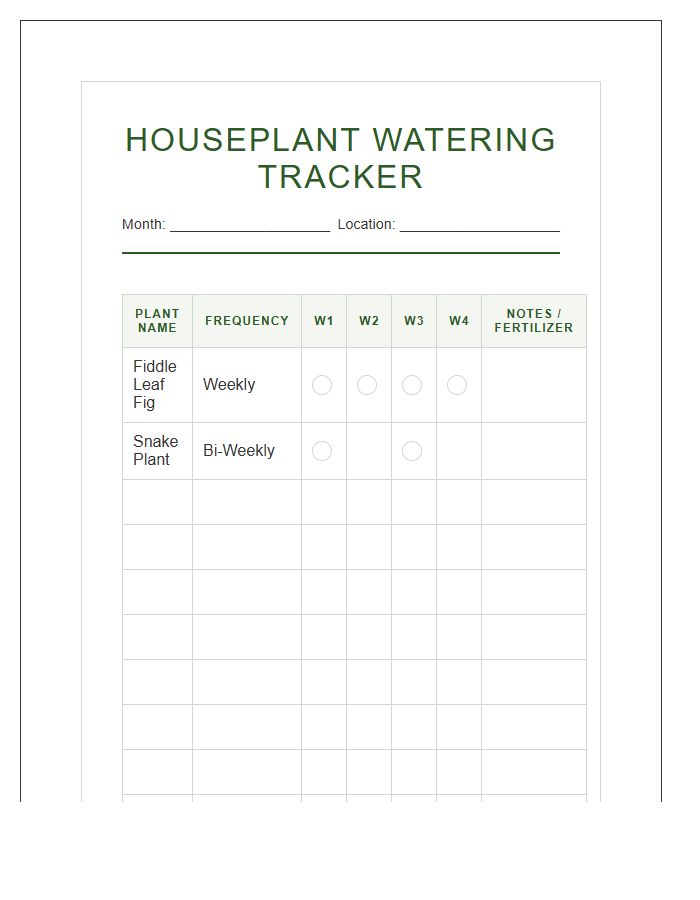 Indoor Houseplant Watering Tracker Printable Chart