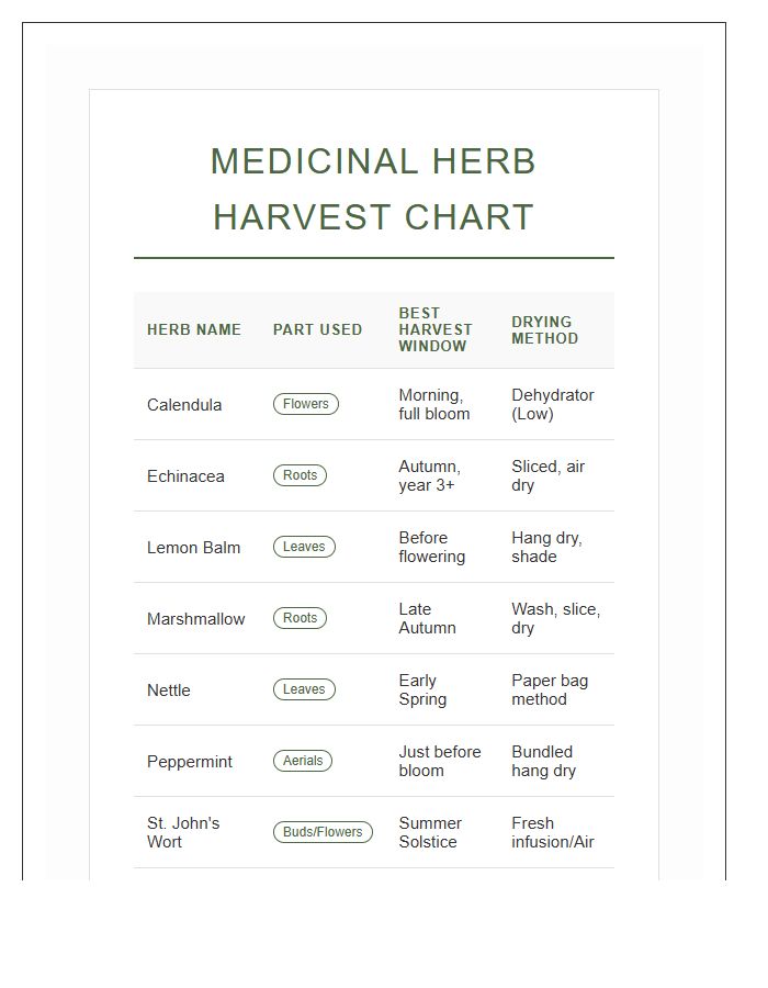 Medicinal Herb Harvest Printable Chart