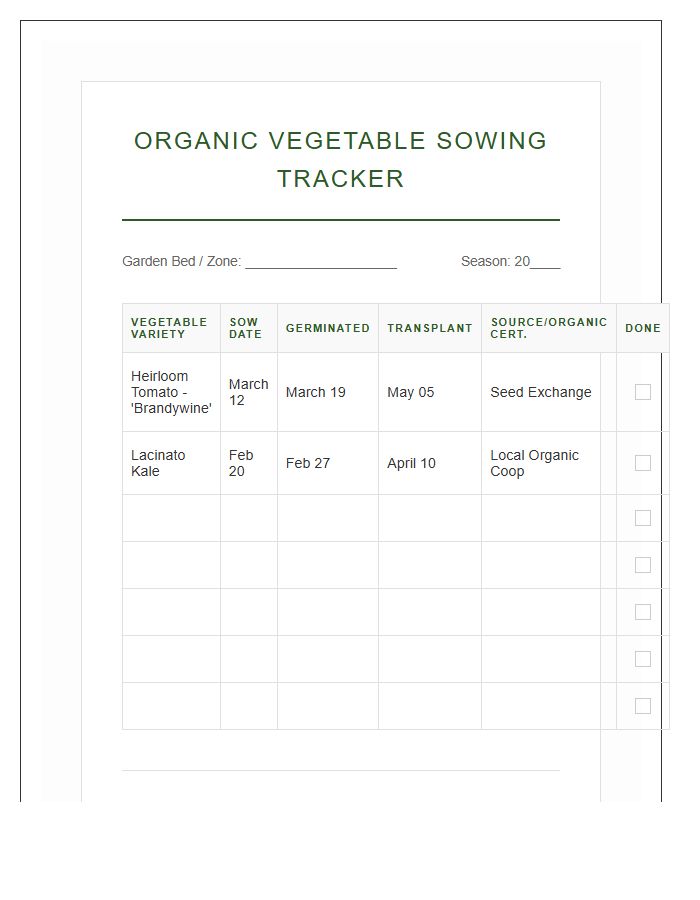Organic Vegetable Sowing Tracker Printable Chart