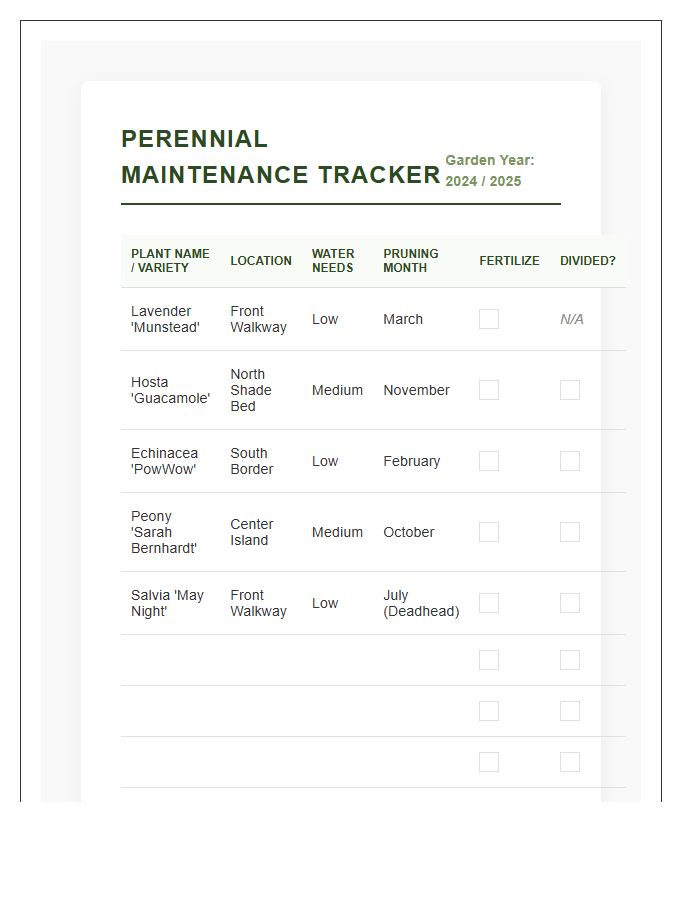 Perennial Plant Maintenance Tracker Printable Chart