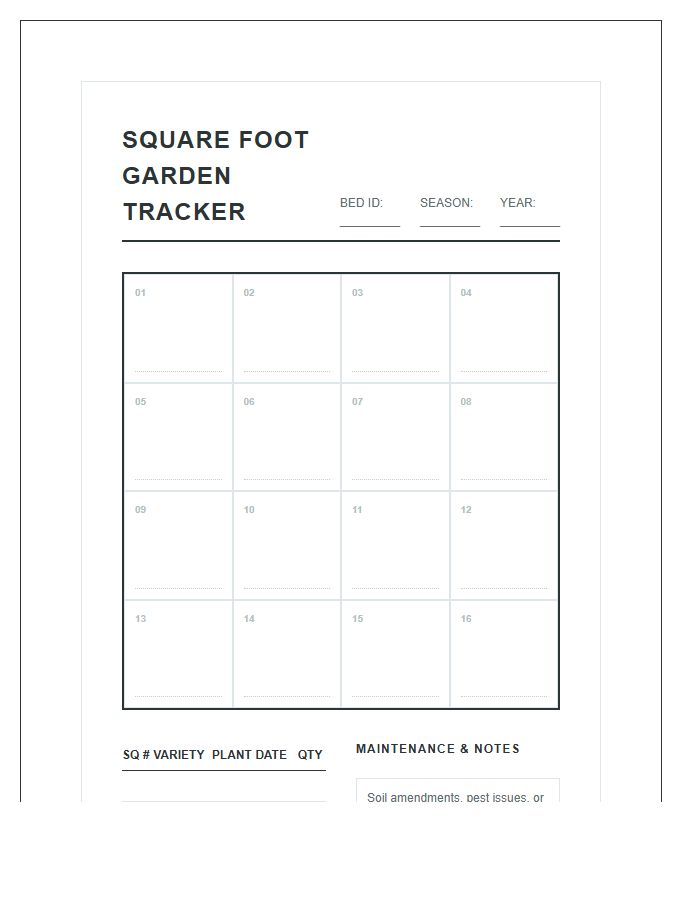 Square Foot Gardening Tracker Printable Chart