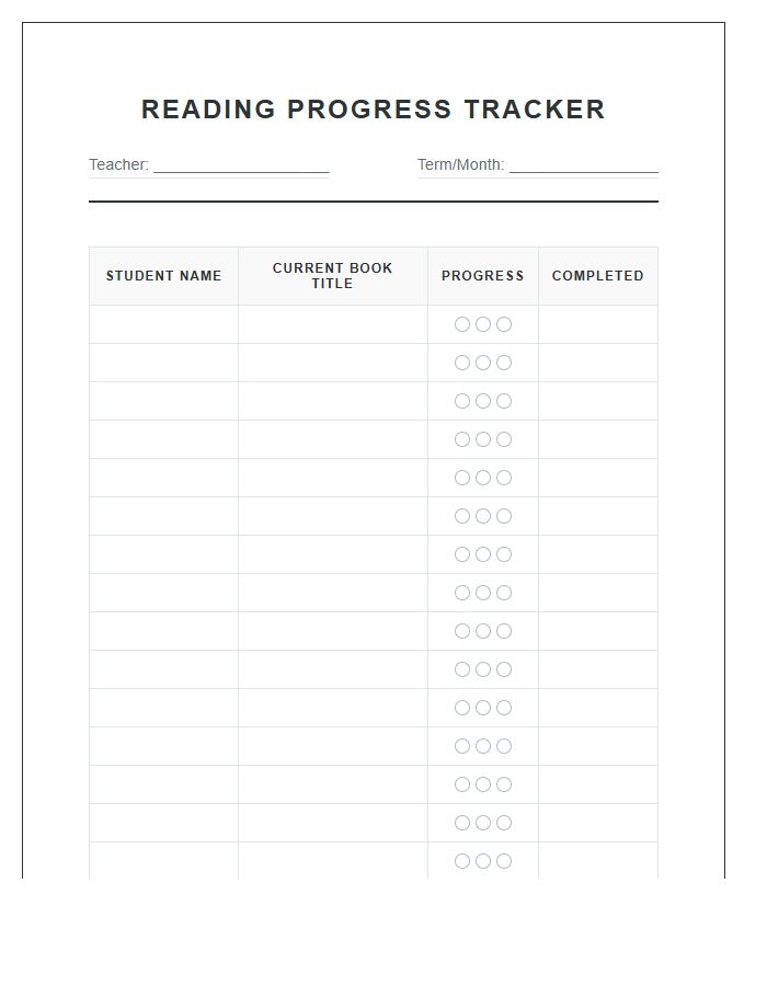 Classroom Reading Progress Tracker Printable Chart