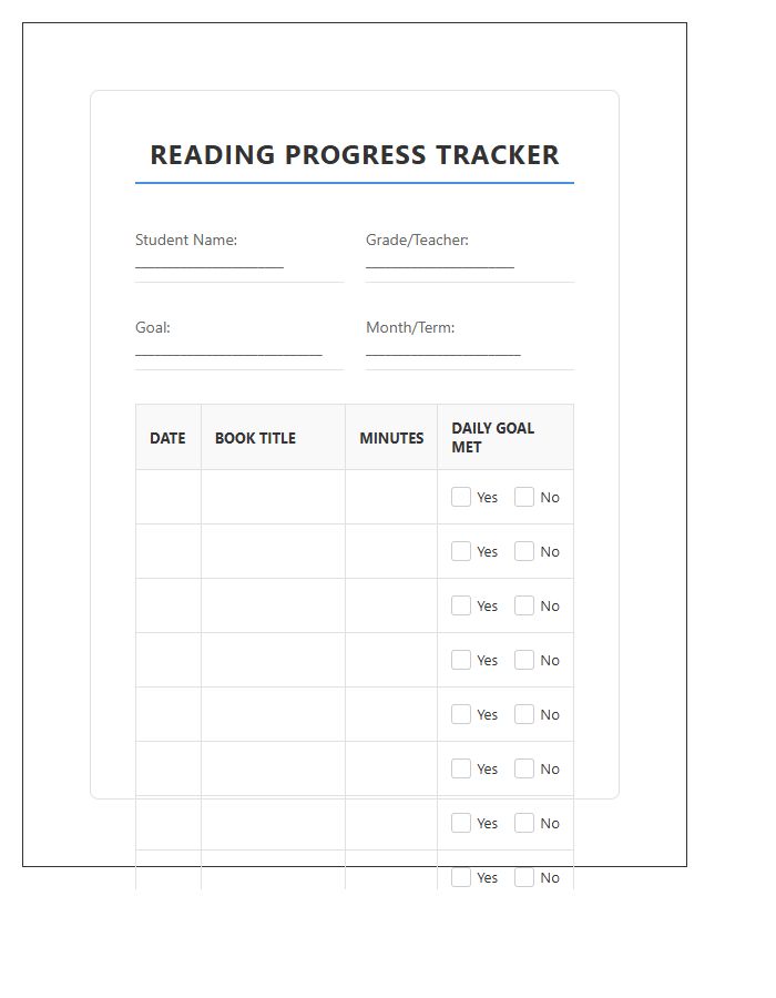 Elementary School Reading Progress Printable Chart