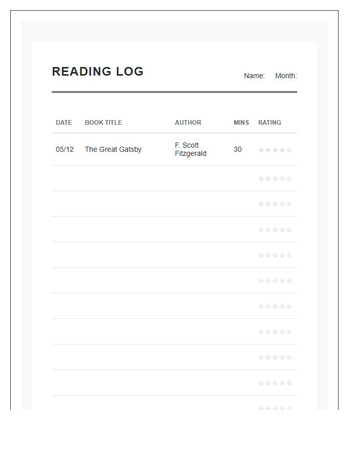 Home School Reading Log Printable Chart