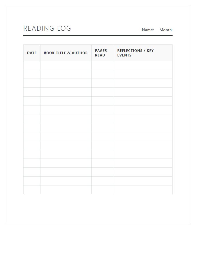 Middle School Reading Log Printable Chart