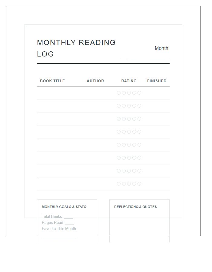 Monthly Book Reading Tracker Printable Chart
