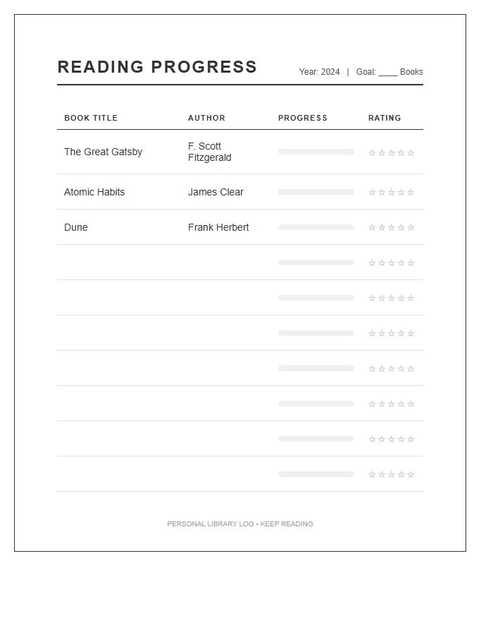 Personal Library Reading Progress Printable Chart