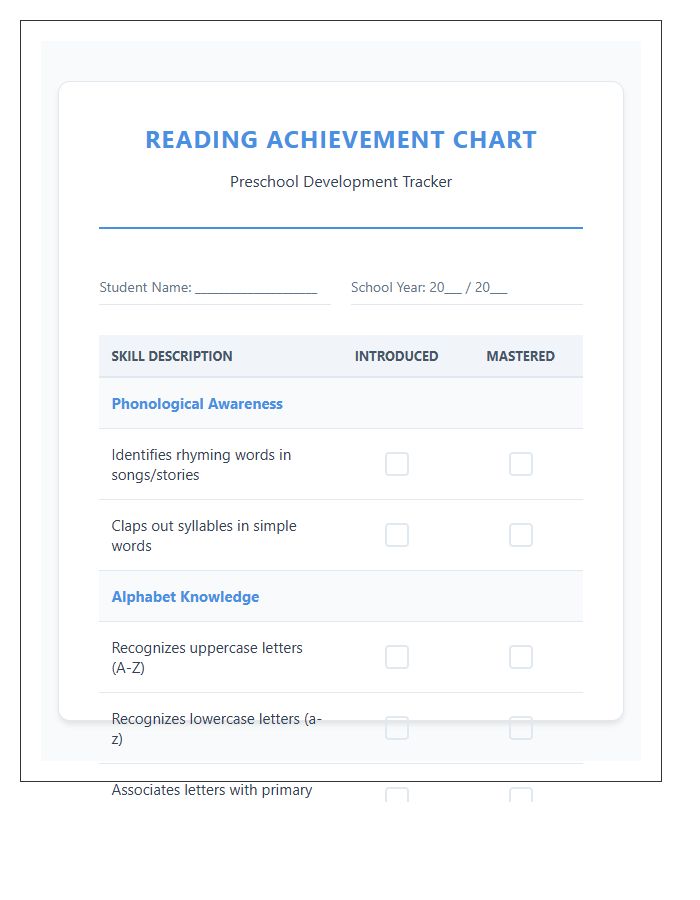 Preschool Reading Achievement Printable Chart