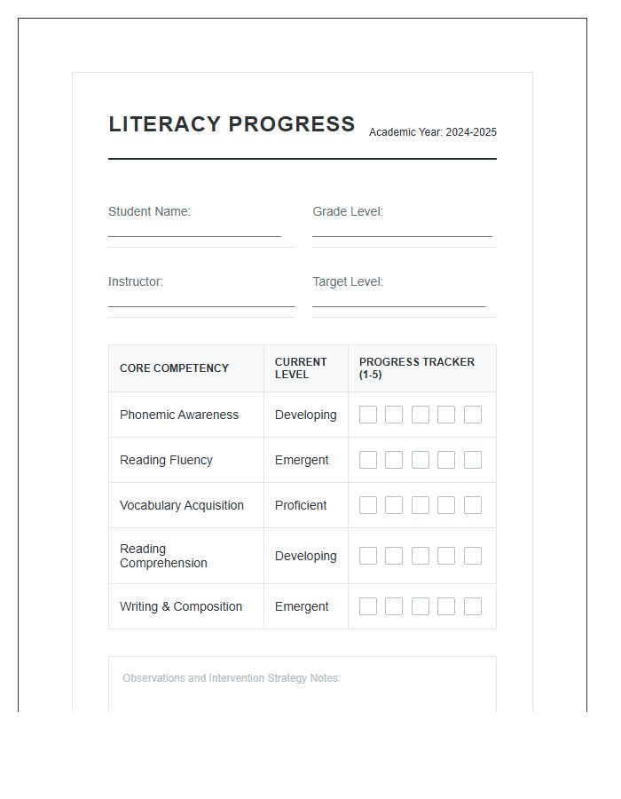 Student Literacy Progress Printable Chart