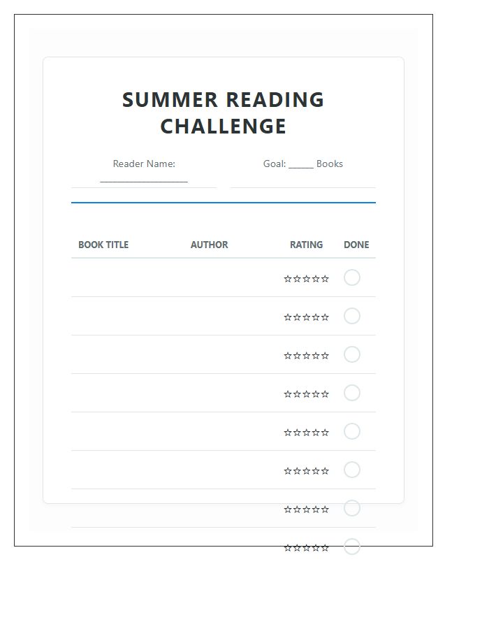Summer Reading Challenge Printable Chart