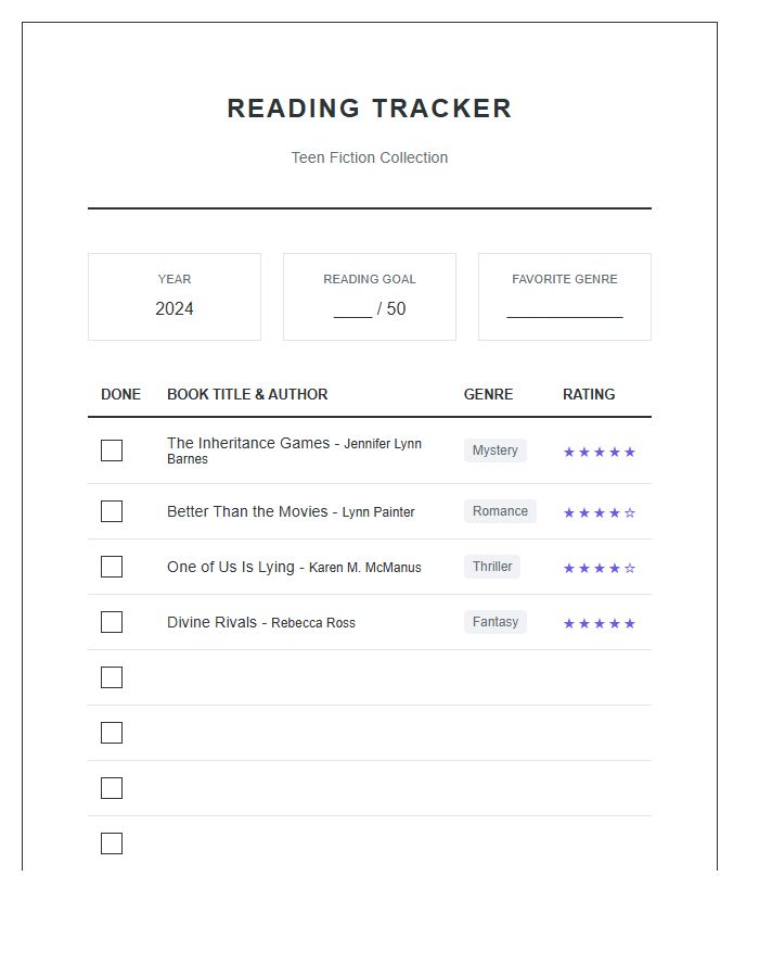 Teen Fiction Reading Tracker Printable Chart