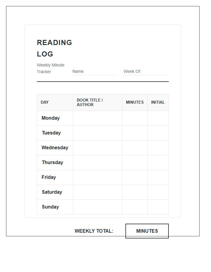 Weekly Reading Minute Tracker Printable Chart