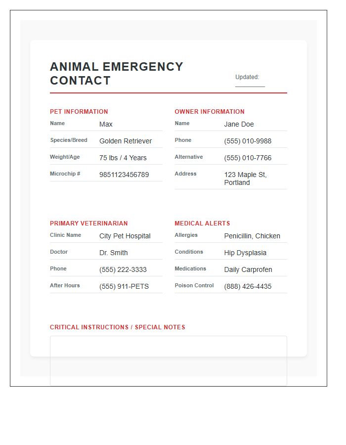 Animal Emergency Contact Printable Chart