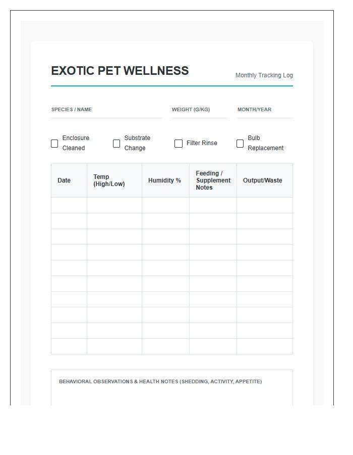 Exotic Pet Wellness Printable Chart
