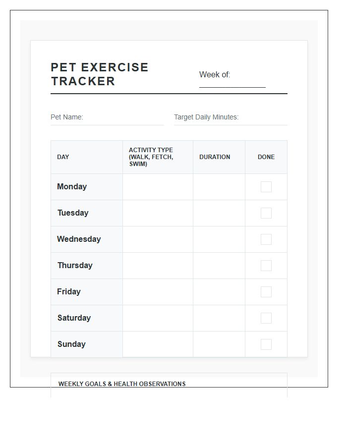 Pet Exercise Routine Printable Chart