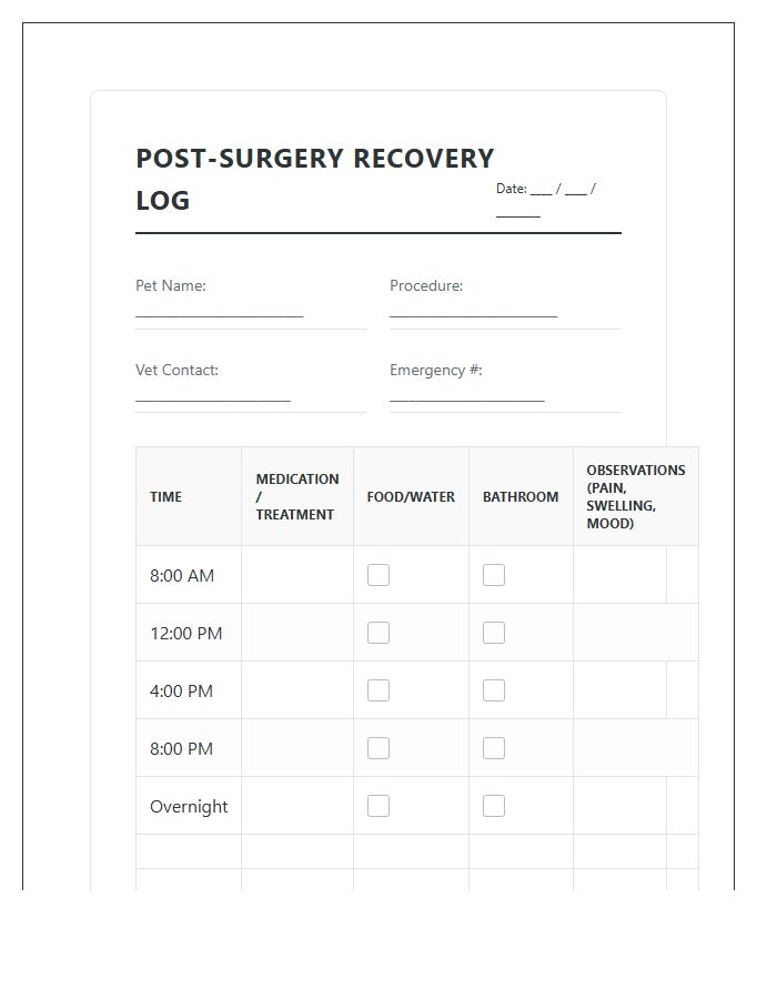 Pet Surgery Recovery Printable Chart