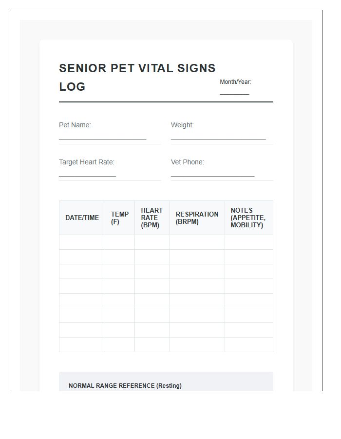 Senior Pet Vital Signs Printable Chart