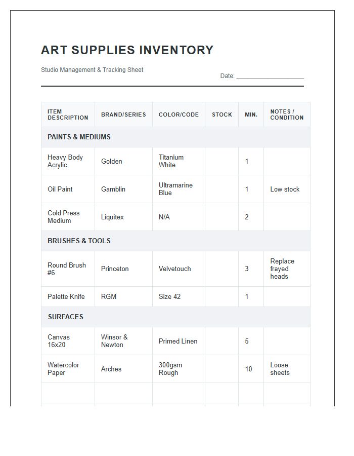 Art Supplies Inventory Management Tracker Printable Chart