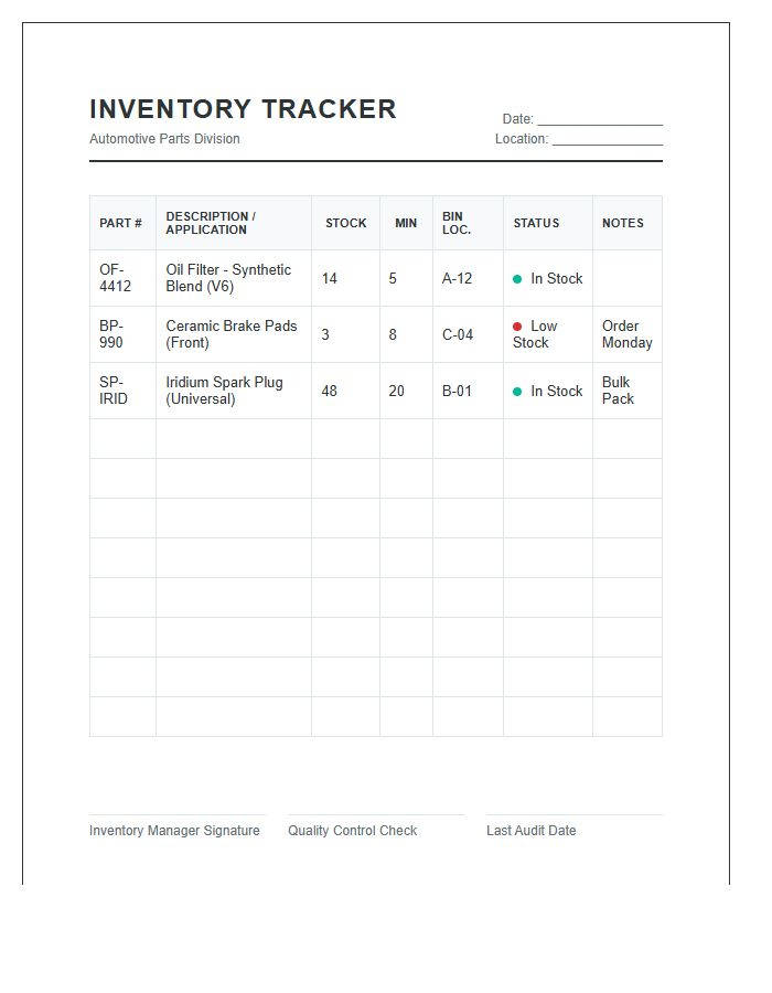 Automotive Parts Inventory Management Tracker Printable Chart