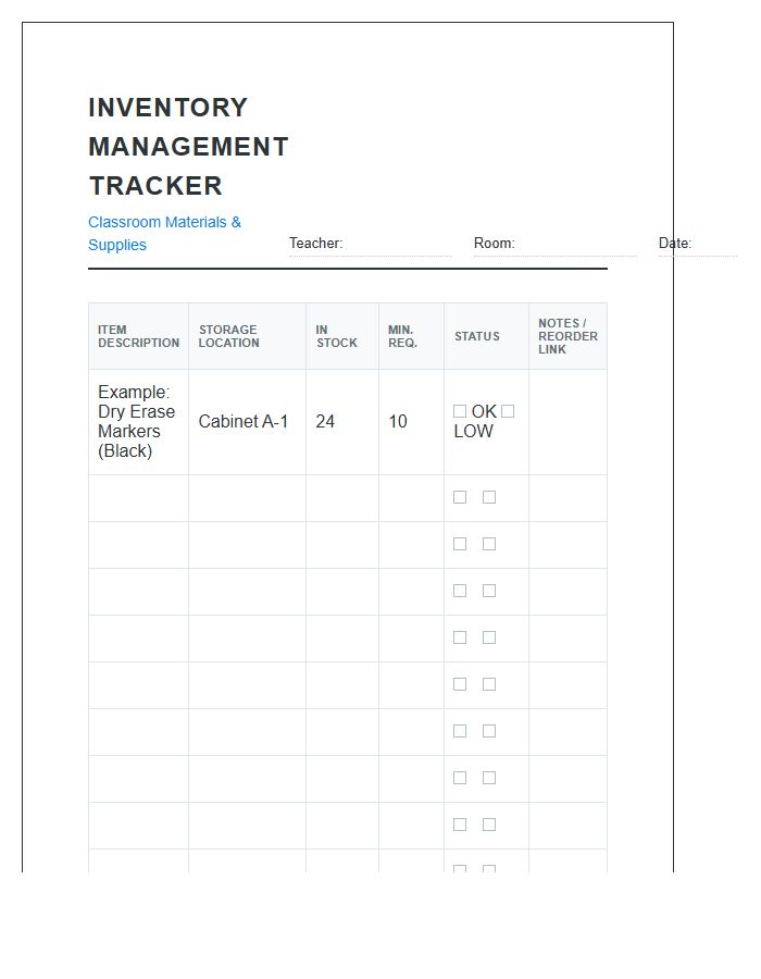 Classroom Materials Inventory Management Tracker Printable Chart