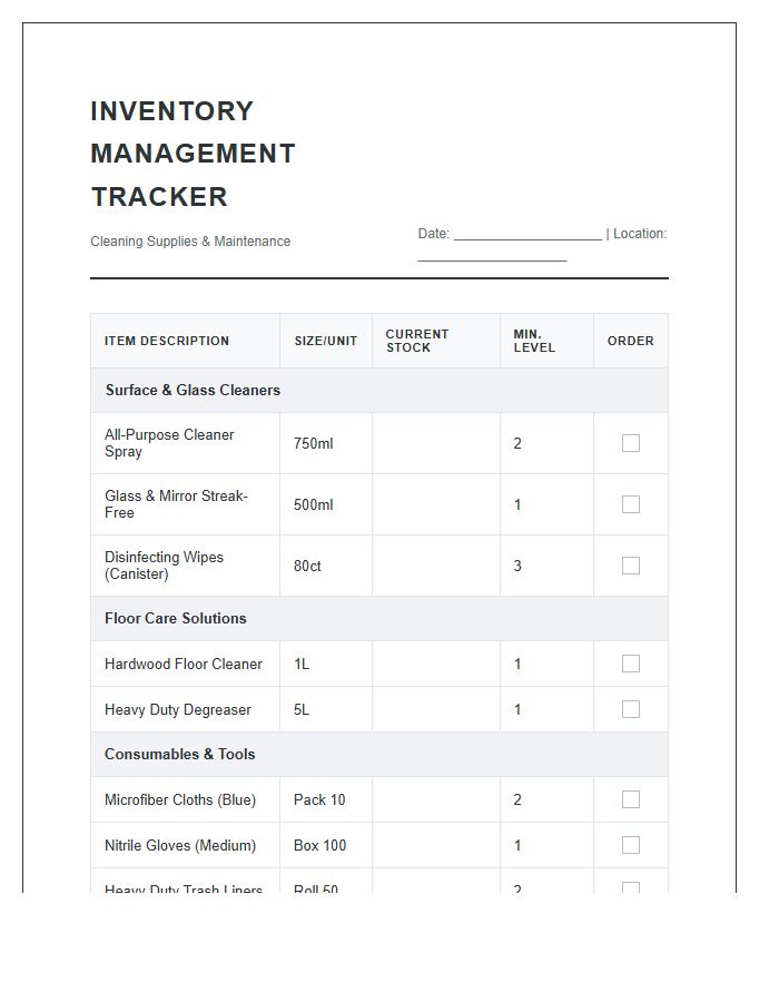 Cleaning Supplies Inventory Management Tracker Printable Chart