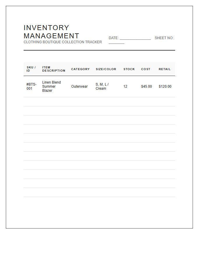 Clothing Boutique Inventory Management Tracker Printable Chart