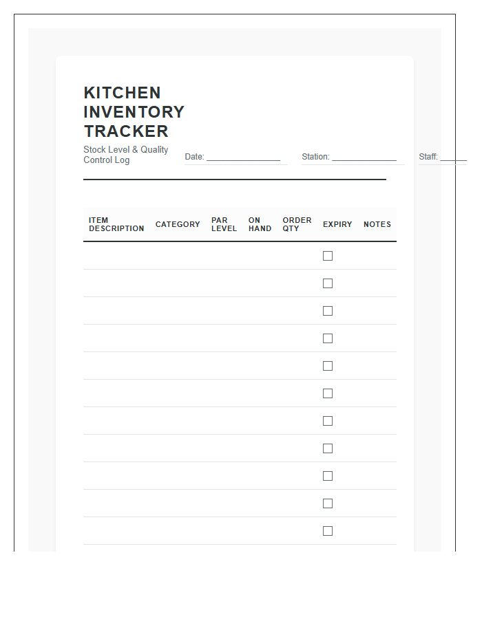 Commercial Kitchen Inventory Management Tracker Printable Chart