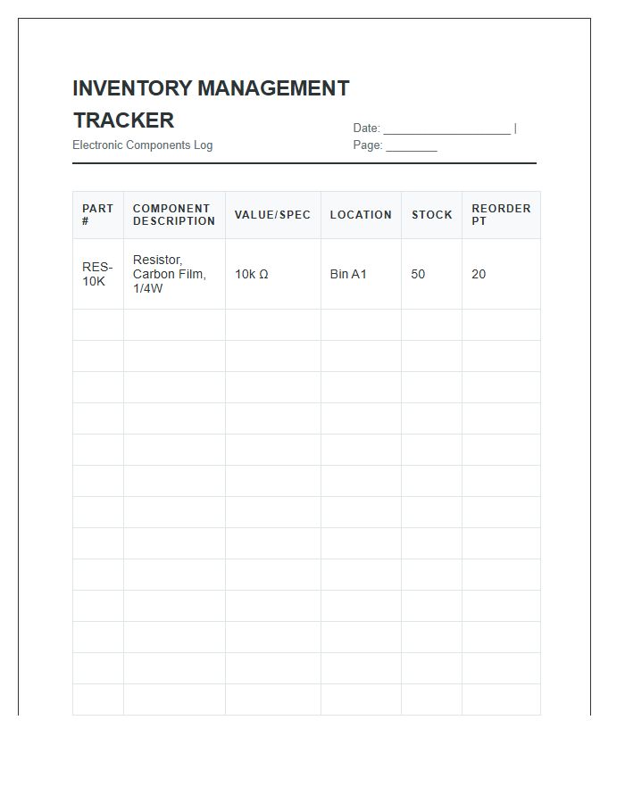 Electronic Component Inventory Management Tracker Printable Chart