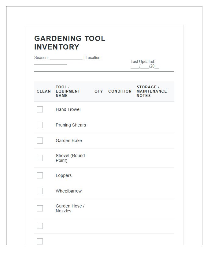 Gardening Tool Inventory Management Tracker Printable Chart