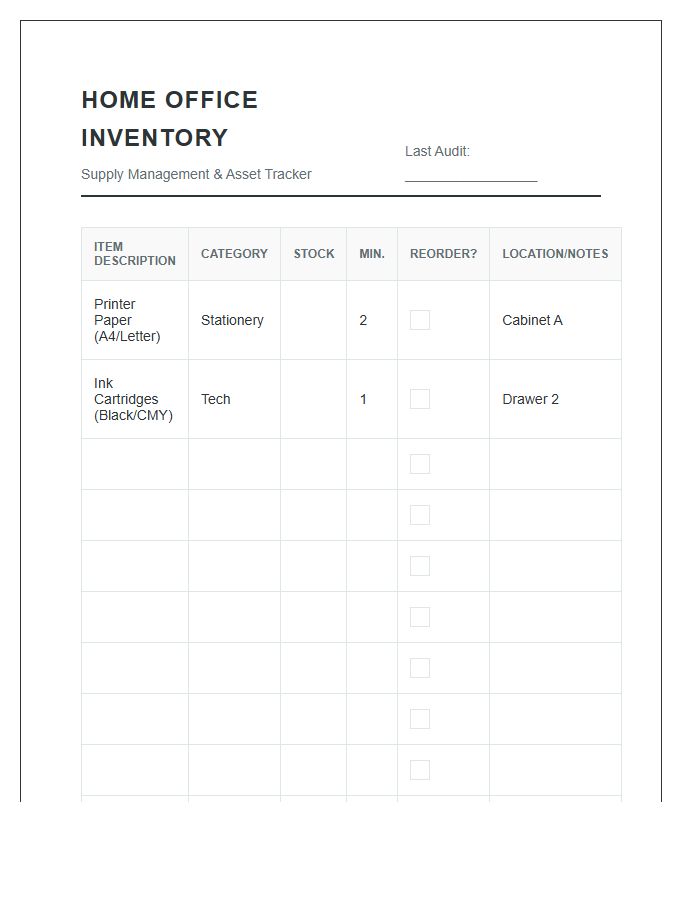 Home Office Inventory Management Tracker Printable Chart