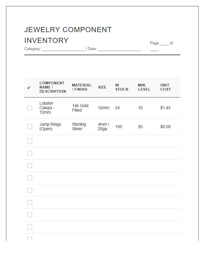 Jewelry Component Inventory Management Tracker Printable Chart