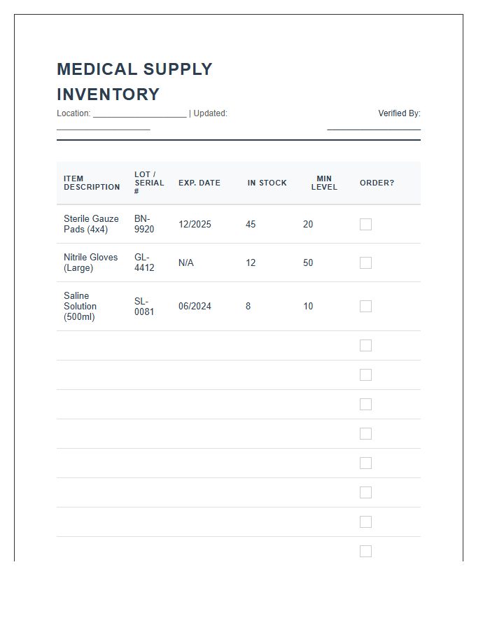 Medical Supply Inventory Management Tracker Printable Chart